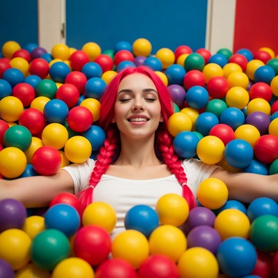 Woman smiling in colorful ball pit