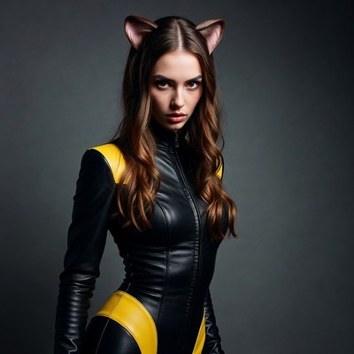 Woman in black yellow catsuit with cat ears