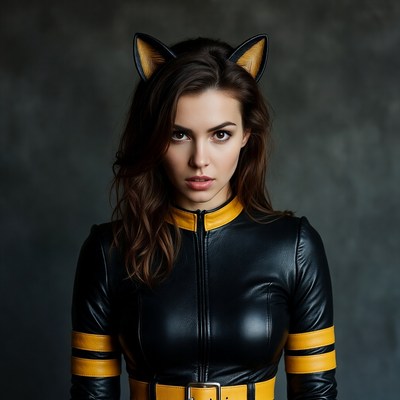 Woman in black catsuit with cat ears