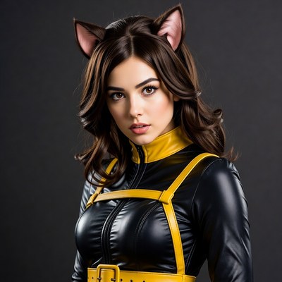 Woman in black leather catsuit with cat ears