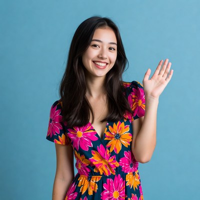 Asian woman waving in floral dress