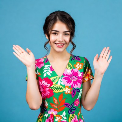 Smiling woman raising hands in floral dress