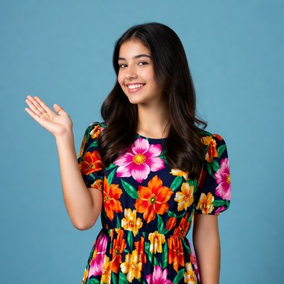 Asian girl gesturing hand on blue background