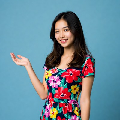 Asian woman gesturing on blue background
