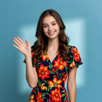 Young woman waving in floral dress