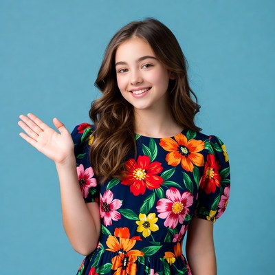 Girl waving in floral dress