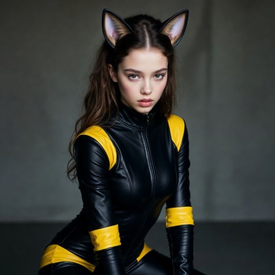 Woman in black yellow catsuit with cat ears