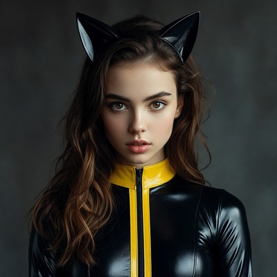 Woman in black catsuit with cat ears