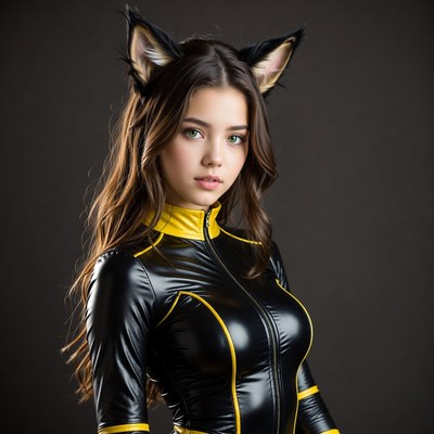 Woman in black catsuit with yellow cat ears