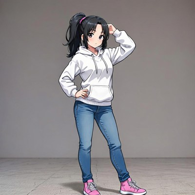 Anime girl posing in hoodie and jeans