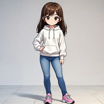 Anime girl in white hoodie and jeans