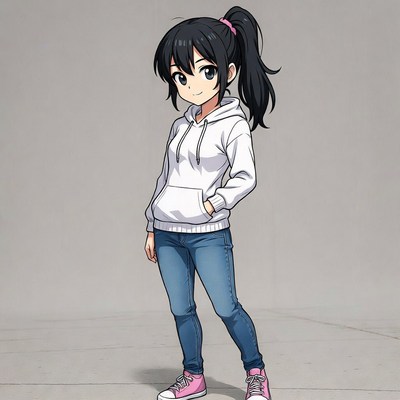 Anime girl in hoodie and jeans