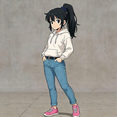 Anime girl in white hoodie and jeans