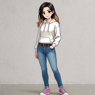 Anime girl in white hoodie and jeans