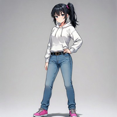 Anime girl in white hoodie and jeans