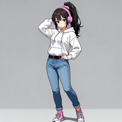 Anime girl in hoodie with pink headphones