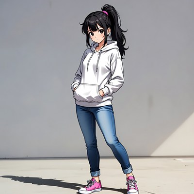 Anime girl in white hoodie and jeans