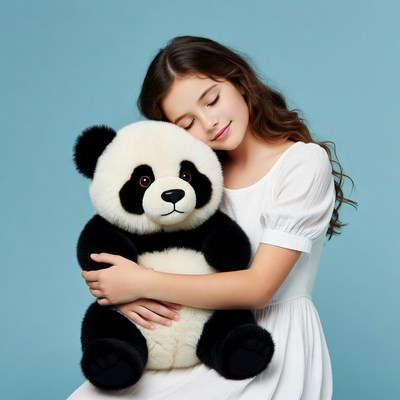 Girl hugging giant panda teddy bear