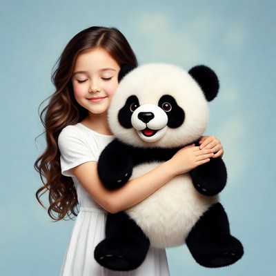 Girl hugging giant panda teddy bear