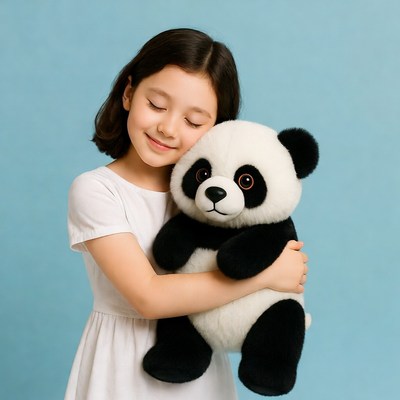 Girl hugging panda teddy bear