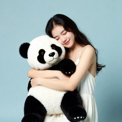 Asian woman hugging giant panda plush