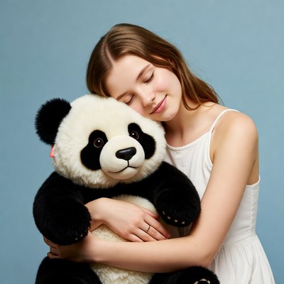 Girl hugging giant panda plush