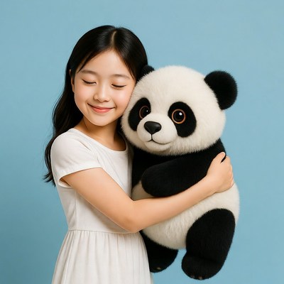 Asian girl hugging panda plush