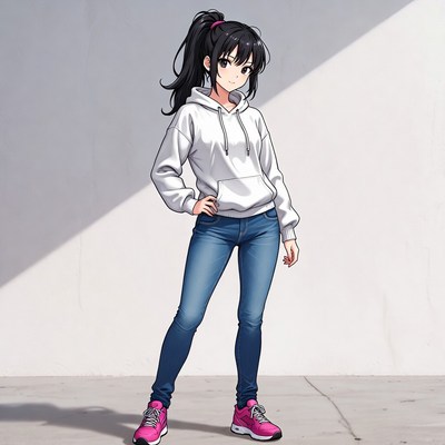 Anime girl in white hoodie and jeans