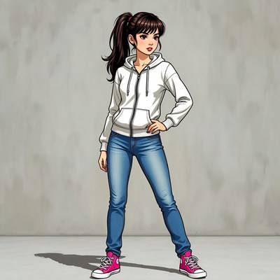 Anime girl in white hoodie and jeans