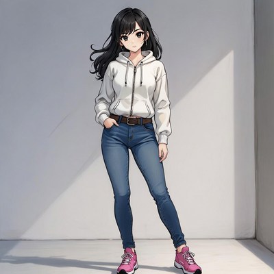 Anime girl in white hoodie and jeans