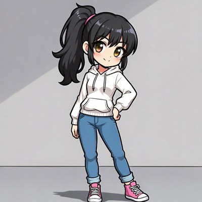 Anime girl in white hoodie and jeans