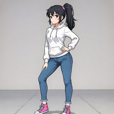 Anime girl in white hoodie and jeans