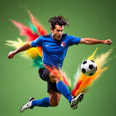 Man kicking soccer ball with color splashes