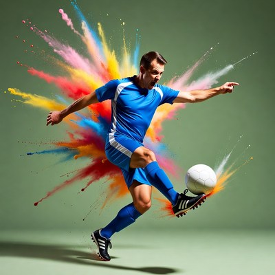 Man kicking soccer ball with color explosion