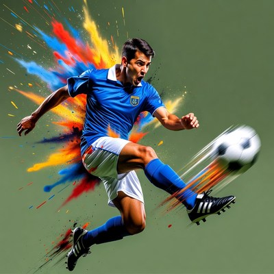 Man kicking soccer ball with paint splatter