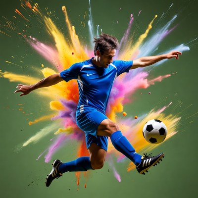Soccer player kicking ball with color explosion