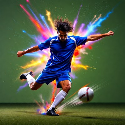 Man kicking soccer ball with colorful splashes