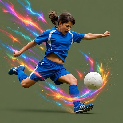 Girl kicking soccer ball with trails