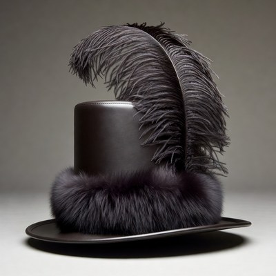 Black leather top hat with feathers