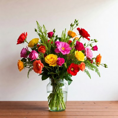 Colorful Roses in Glass Vase