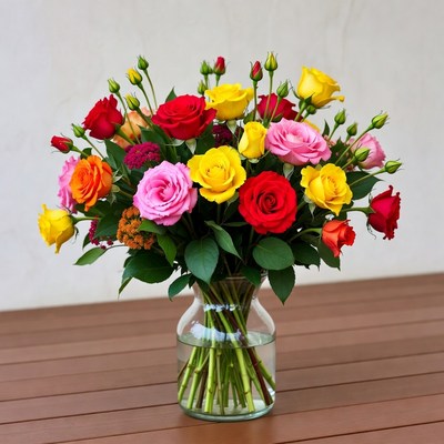 Colorful Roses Bouquet in Glass Vase