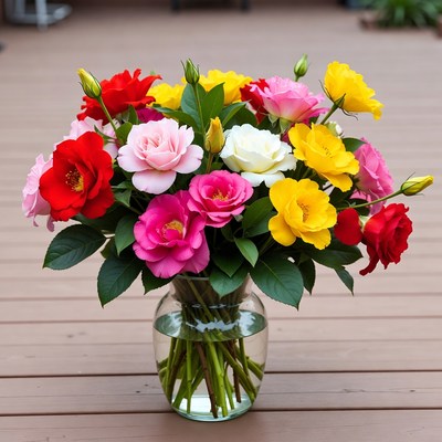 Colorful Roses in Glass Vase
