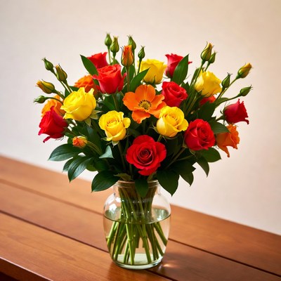 Colorful Roses in Glass Vase