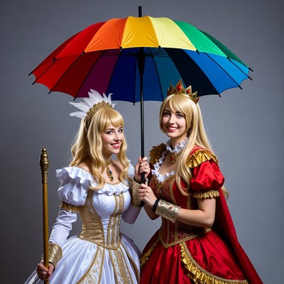 Two blonde princesses holding rainbow umbrella
