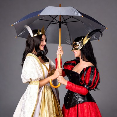 Two women holding masquerade umbrellas