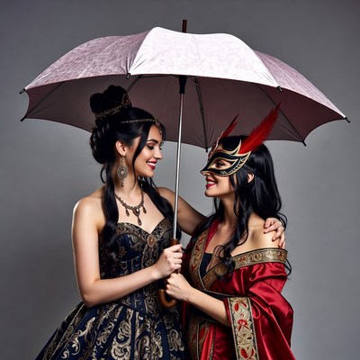 Two women in masquerade gowns holding umbrella