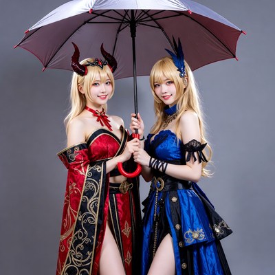 Twin Blonde Demon Girls with Umbrellas