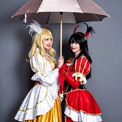 Blonde and Black-Haired Women with Umbrella Cosplay