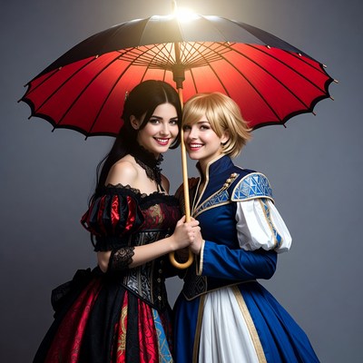 Two women sharing red umbrella