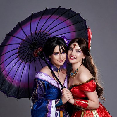 Two women in cosplay with purple umbrella
